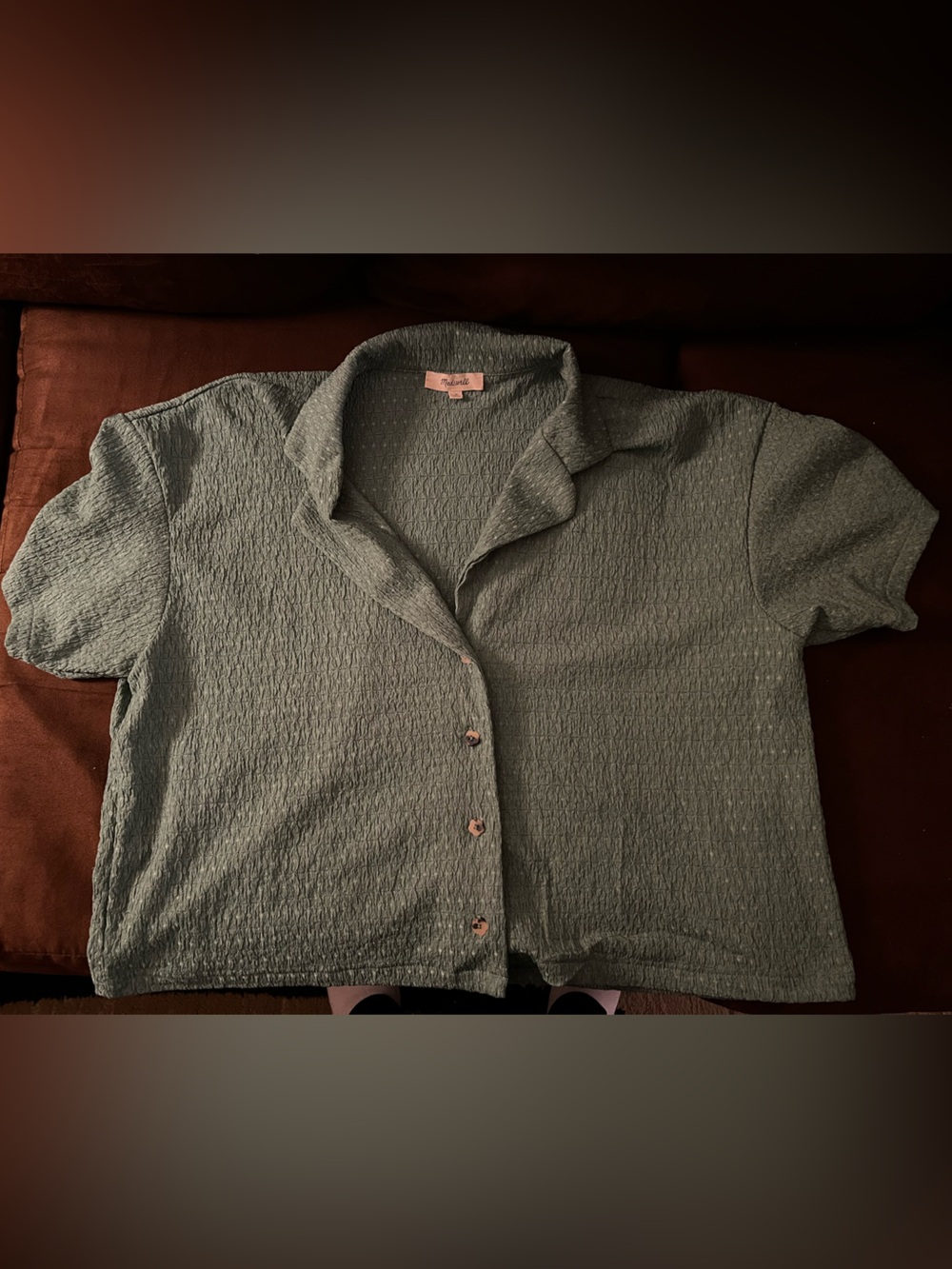 Madewell Light Green Cropped Short-Sleeve Textured Button Shirt